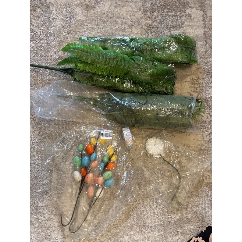 Easter Decor Lot: Faux Fern Stems, Egg Picks, Pom‎ Pom Craft Supply